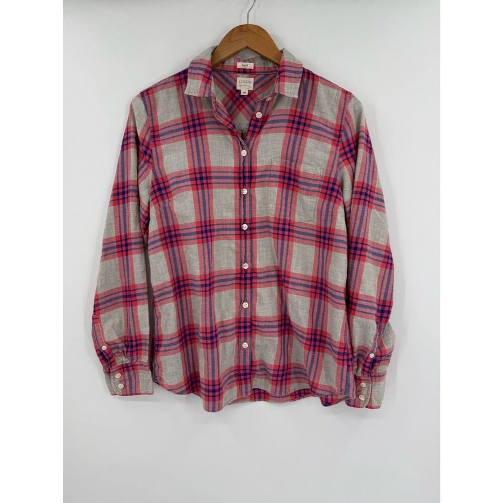 J.Crew Boy Fit Plaid Flannel Button Down Shirt | Red / Blue / Grey | Medium